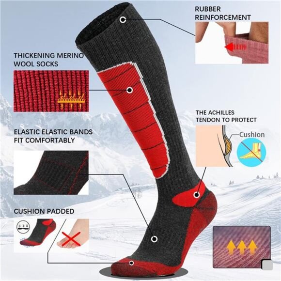 2 Pack Men's Thermal Merino Wool Knee-high Warm Socks, Red & Gray - Picture 4 of 6